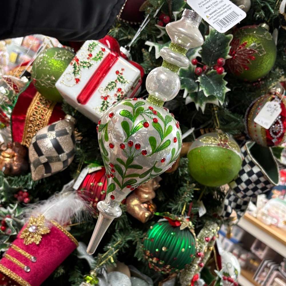 Holiday Drop Ornament with Green Holly Design - White & Green